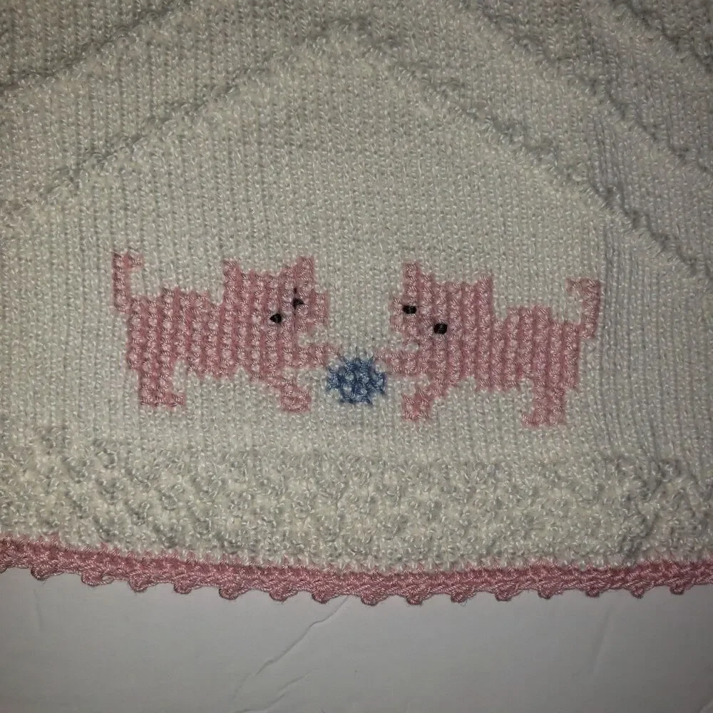 VINTAGE Handmade Crochet Knitted Pink Kittens Baby Bib